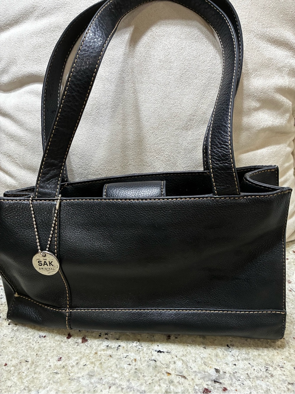 The Sak Black Pebbled Leather Shoulder Tote with Signature Charm